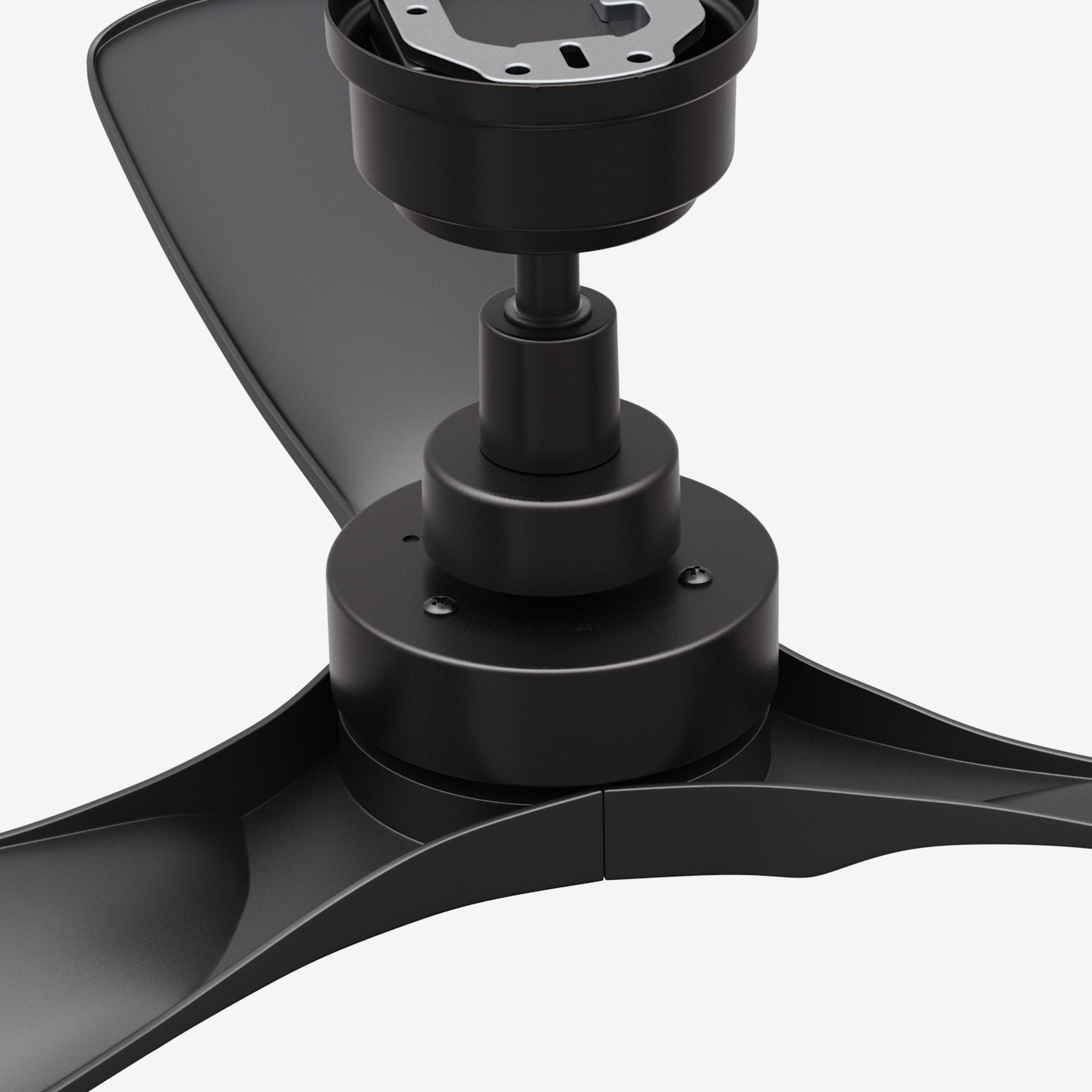 Close-up view of a Smafan Kilk 52-inch smart ceiling fan in black, without light, showcasing the fan&