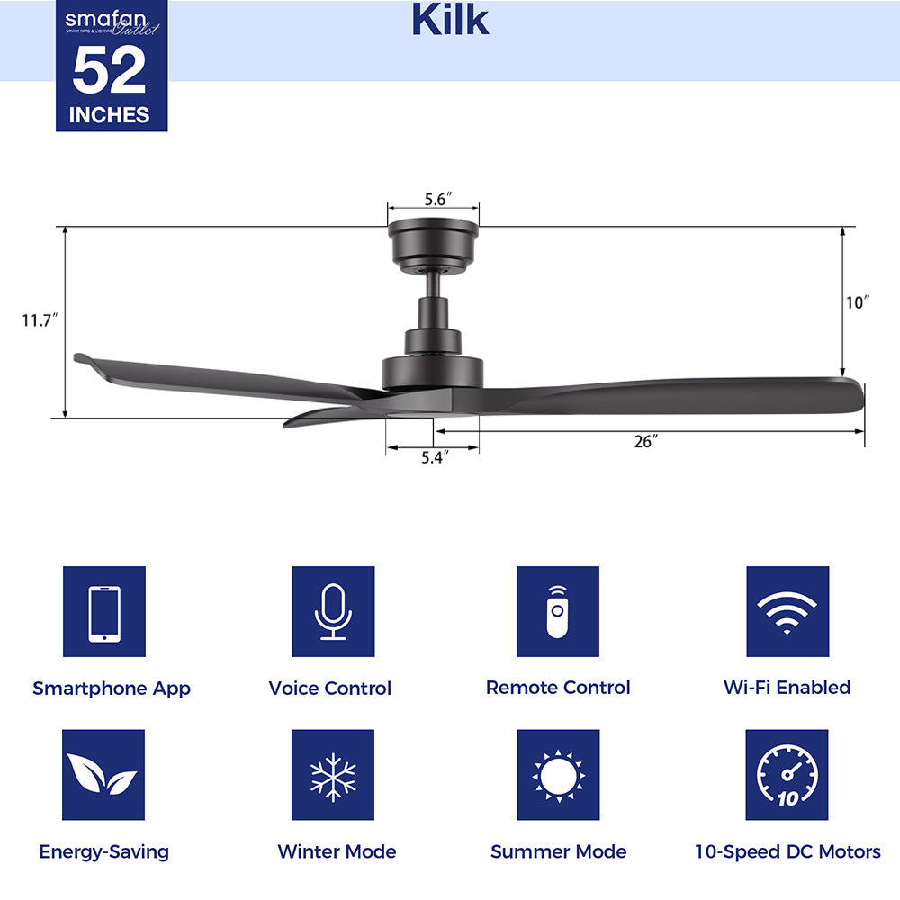 Smafan Kilk 52-inch smart ceiling fan in black, without light, with a diagram highlighting features including Smartphone App, Voice Control, Remote Control, and Wi-Fi Enabled icons.