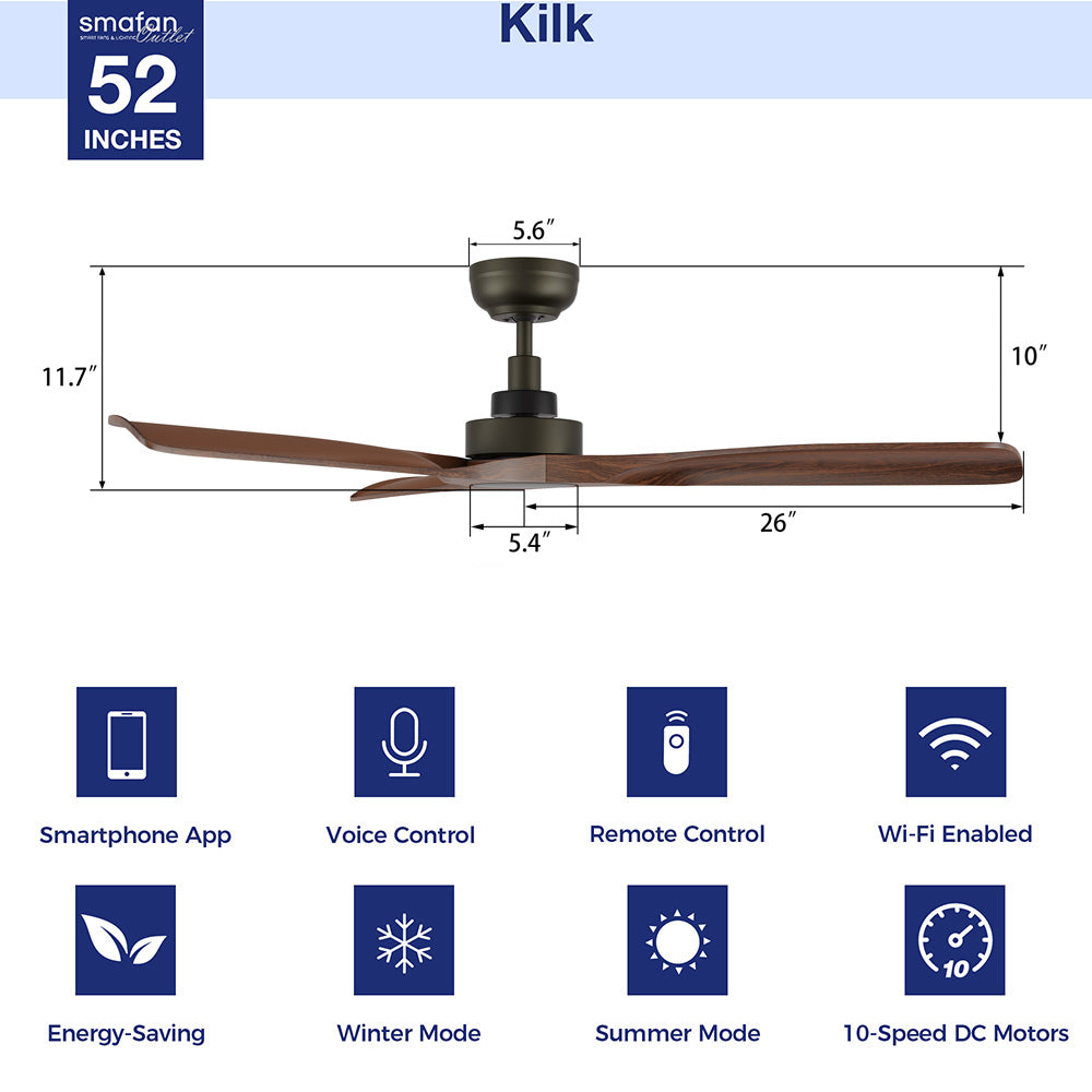 Smafan Kilk 52-inch ceiling fan with a dark finish and wood-look blades, displayed with key dimensions and icons for features including Wi-Fi, smartphone app control, and 10-speed DC motors.