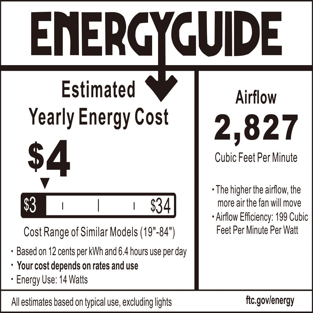 EnergyGuide label for Smafan Lille 52-inch ceiling fan showing estimated yearly energy cost of $4, 2,827 CFM airflow, 199 CFM per watt efficiency, 14-watt energy use.