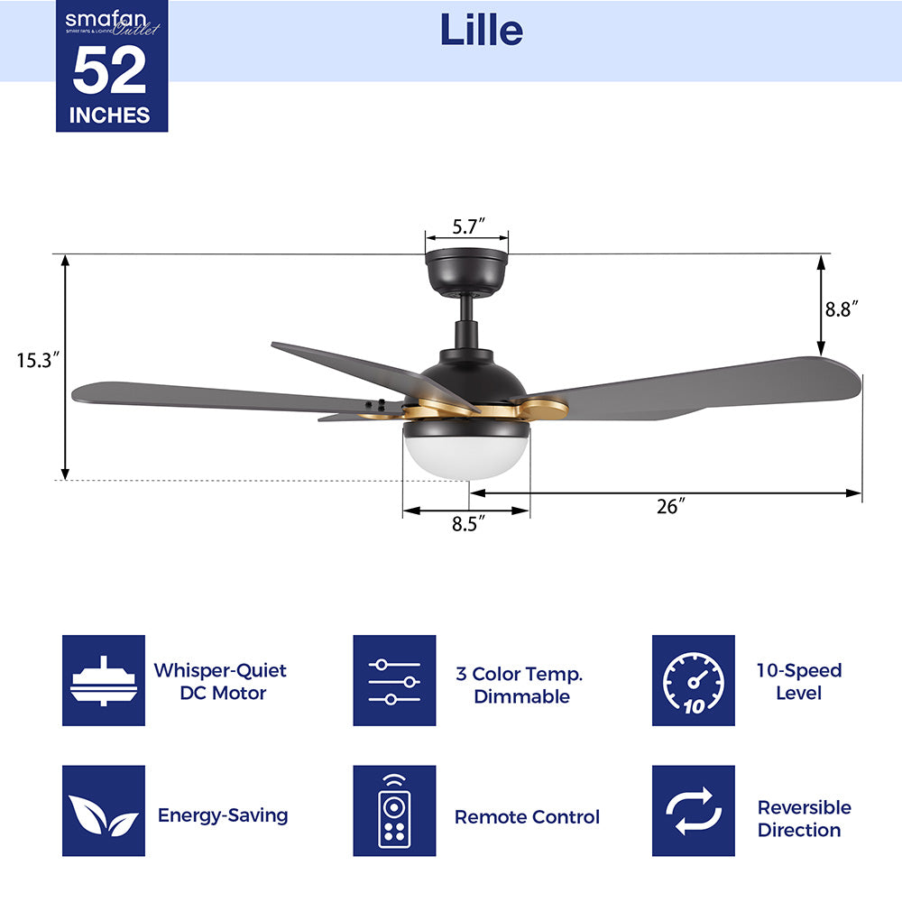 A diagram of the Smafan Lille 52-inch ceiling fan with light, showing its dimensions and key features. The diagram includes measurements for the fan&