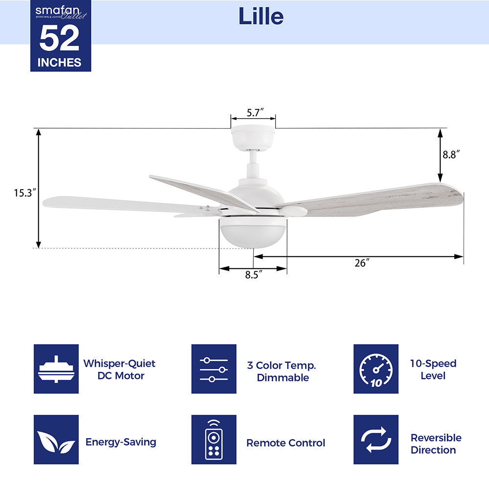 Lille 52-inch ceiling fan with whisper-quiet 10-speed DC motor, featuring 3-color temperature dimmable LED lighting, reversible direction, and energy-saving operation - includes remote control and installation measurements