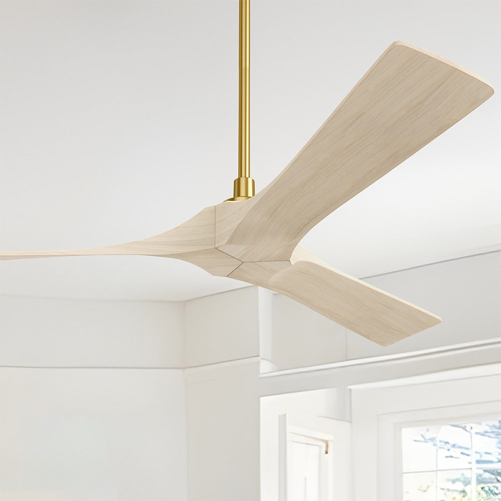 Modern Smafan Matthews 52-inch ceiling fan featuring elegant light wood blades and a gold downrod, designed without an LED light for a minimalist aesthetic and remote control convenience.