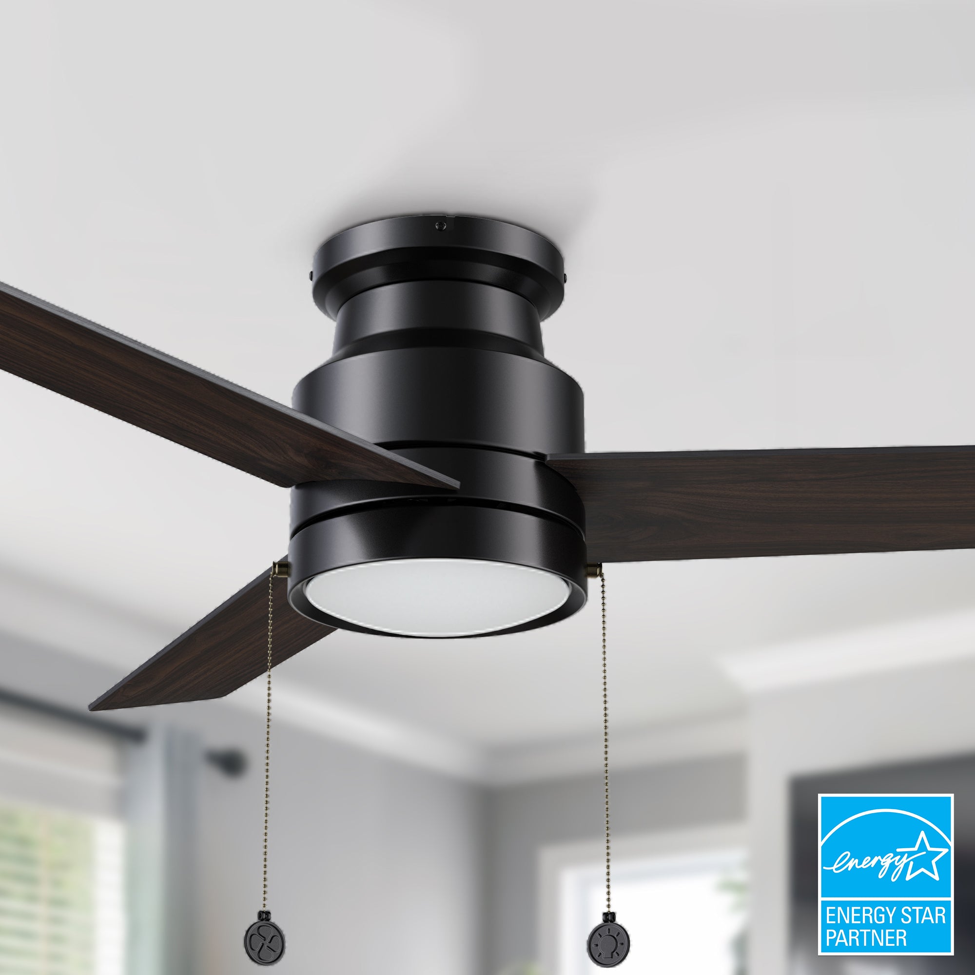 52-inch black flush mounting ceiling fan with dimmable LED light and pull chain