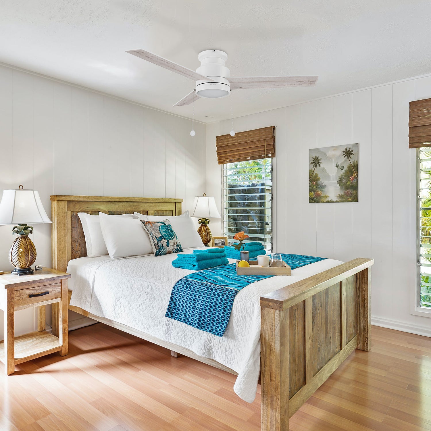 52inch low-profile ceiling fan with dimmable led light and light-color wooden pattern blades, matching with wood grain single bed, vintage lamp and bamboo curtain, make the whole bedroom very natural atmosphere.