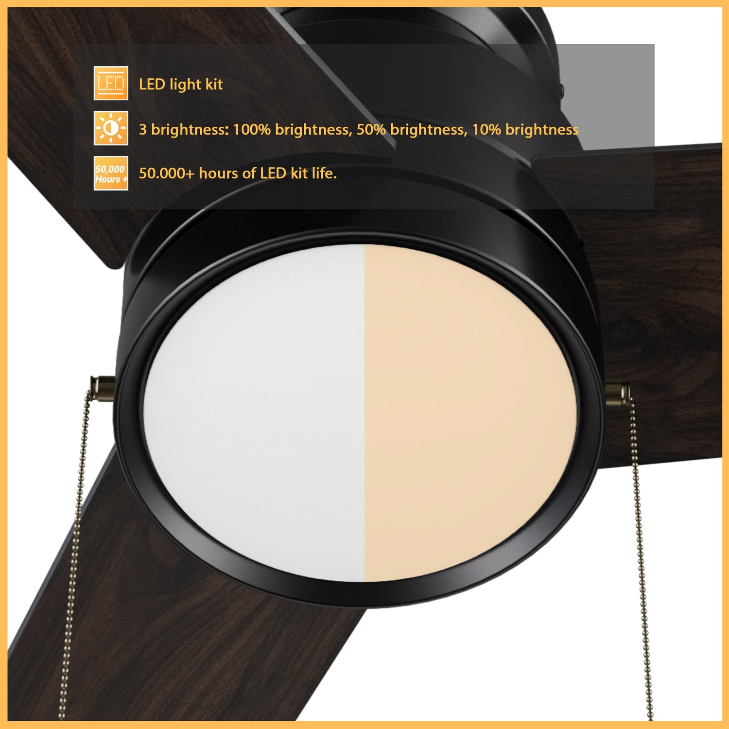 52-inch black flush mounting ceiling fan with dimmable LED light, featuring with 3-color (from 2700K warm light to 4000K cool light)