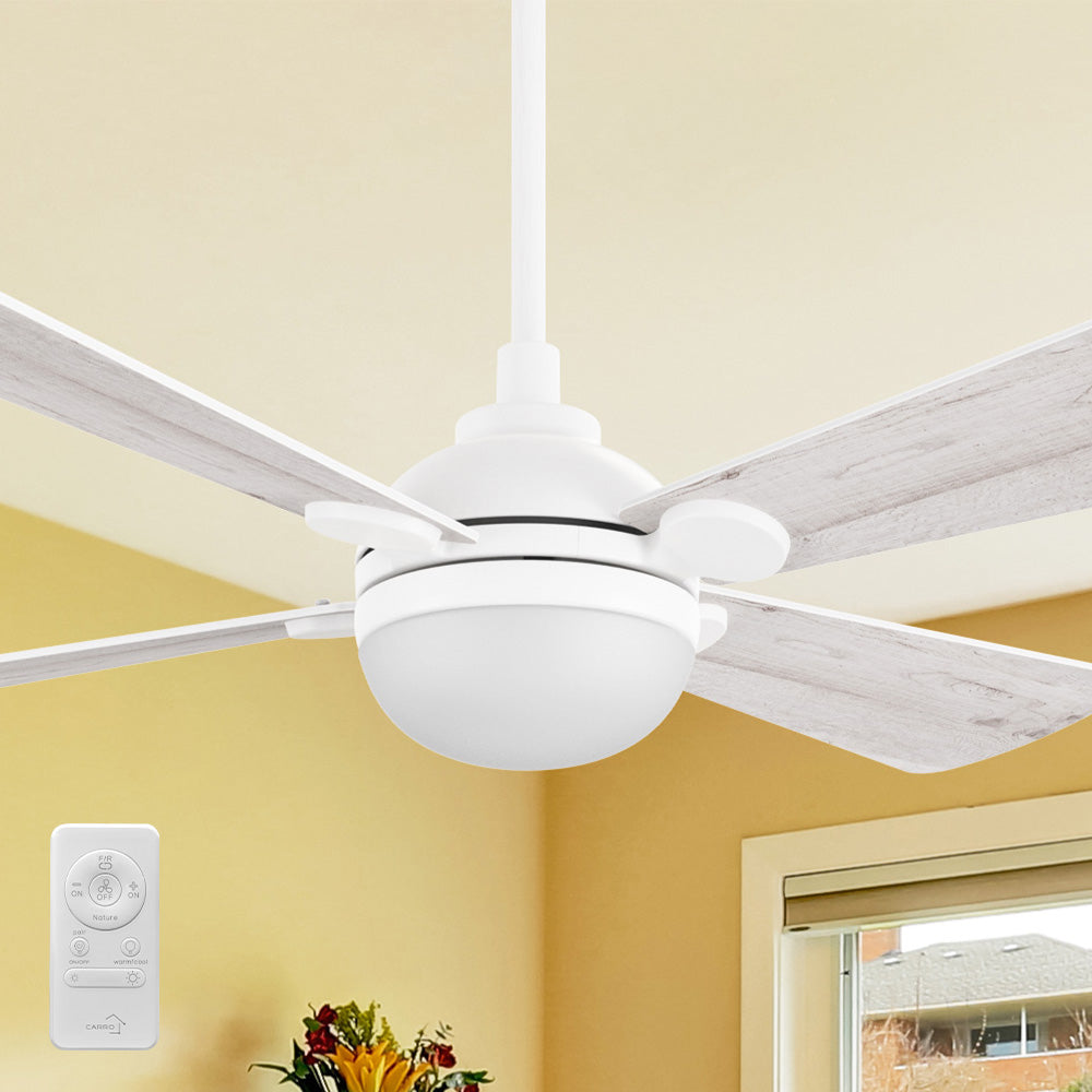 The colsed view of 52 inch white indoor ceiling fan with light and 4 reversible blades in dry-rated room.