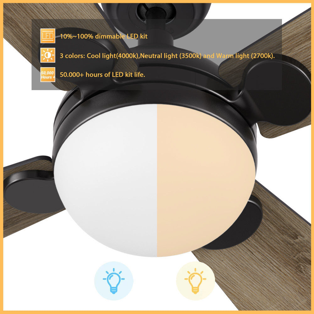 A close-up view of a modern black ceiling fan with integrated LED light kit. The light kit is partially illuminated with cool white light on the left and warm light on the right, demonstrating its color-changing capability. Overlays on the image highlight key features: "10%~100% dimmable LED kit," "3 colors: Cool light (4000K), Neutral light (3500K) and Warm light (2700K)," and "50,000+ hours of LED kit life".