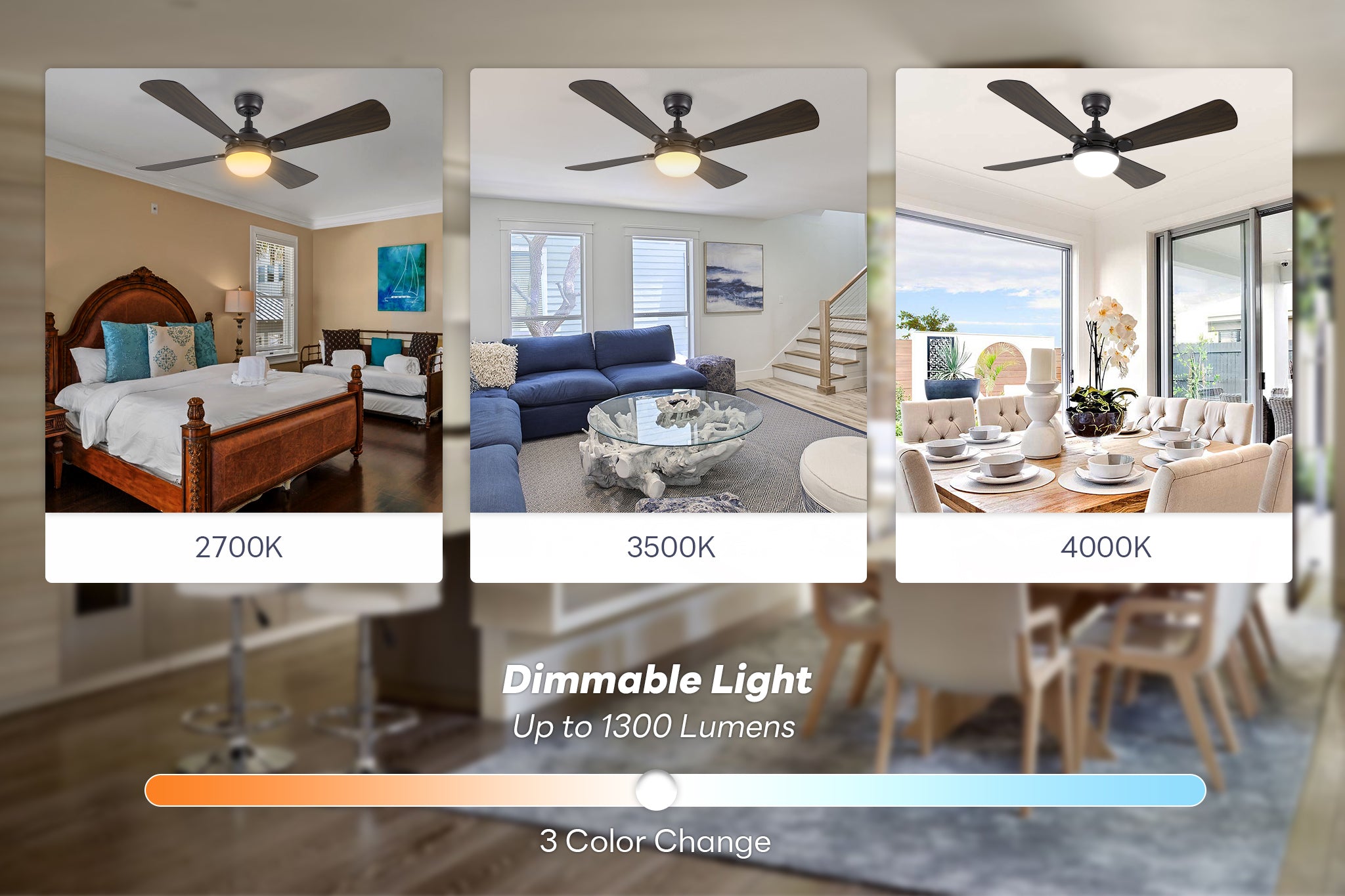 Smafan Rinard 52 inch ceiling fan with dimmable LED light, image showing 3 color change options: 2700K warm white in a bedroom, 3500K neutral white in a living room, and 4000K cool white in a dining room. Text highlights dimmable light up to 1300 lumens and versatile lighting control.