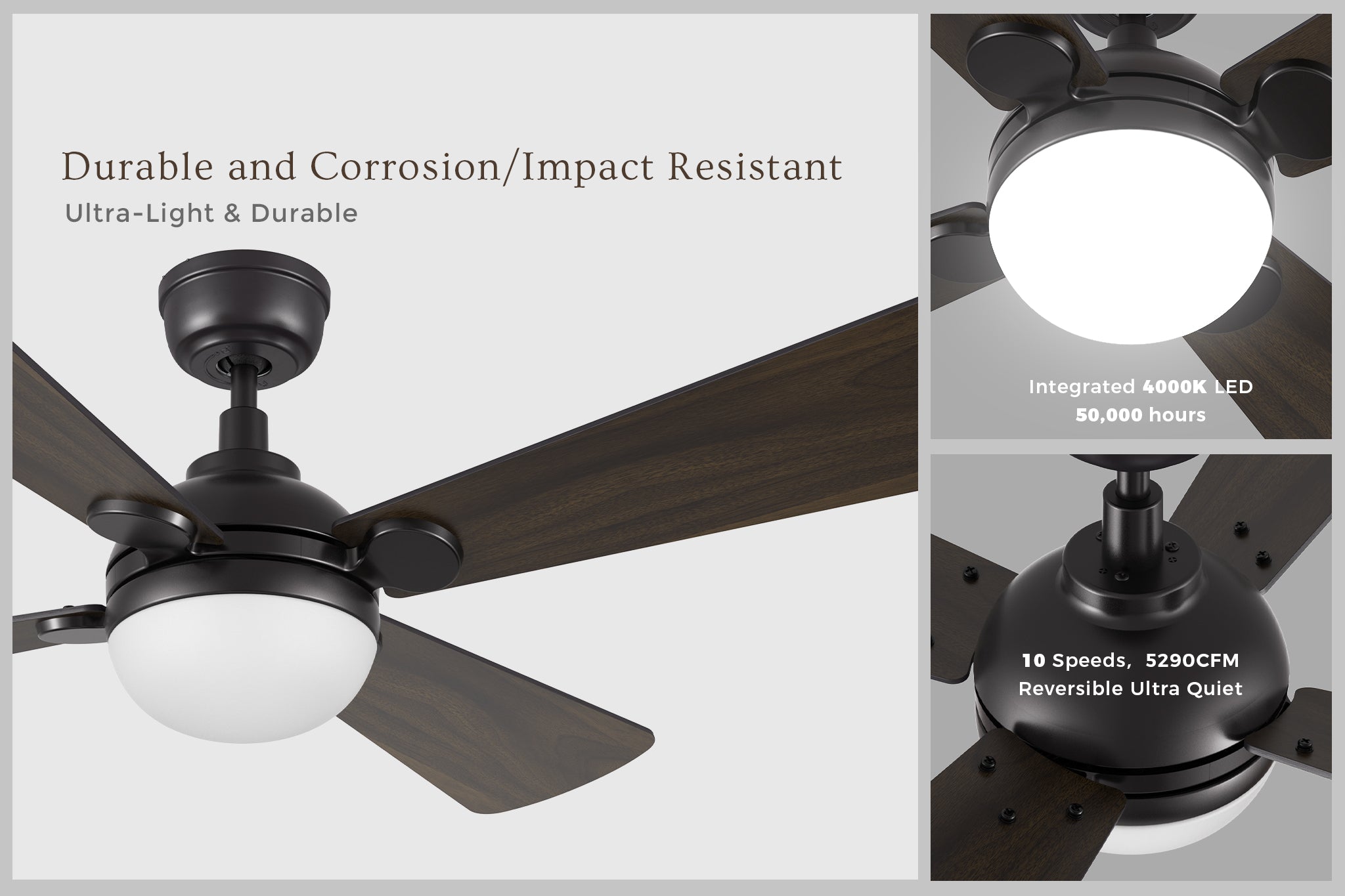 Smafan Rinard 52 inch ceiling fan with light and DC motor, multi-panel image highlighting dark wood-grain blades, matte black finish, and integrated LED globe light. Features text overlays: durable corrosion/impact resistant, ultra-light, 4000K LED with 50,000 hours, and 10 speeds delivering 5290 CFM ultra-quiet reversible airflow.