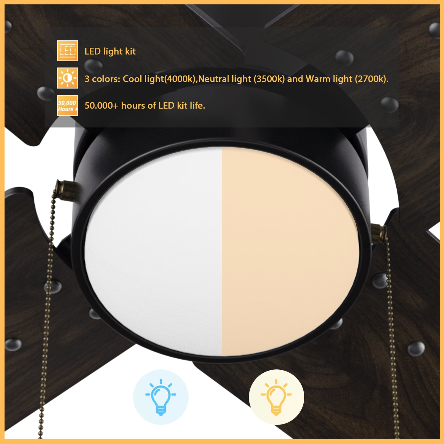 Rowan 52 inch modern ceiling fan with adjustable LED color temperature, ranging from 2700K to 4000K.