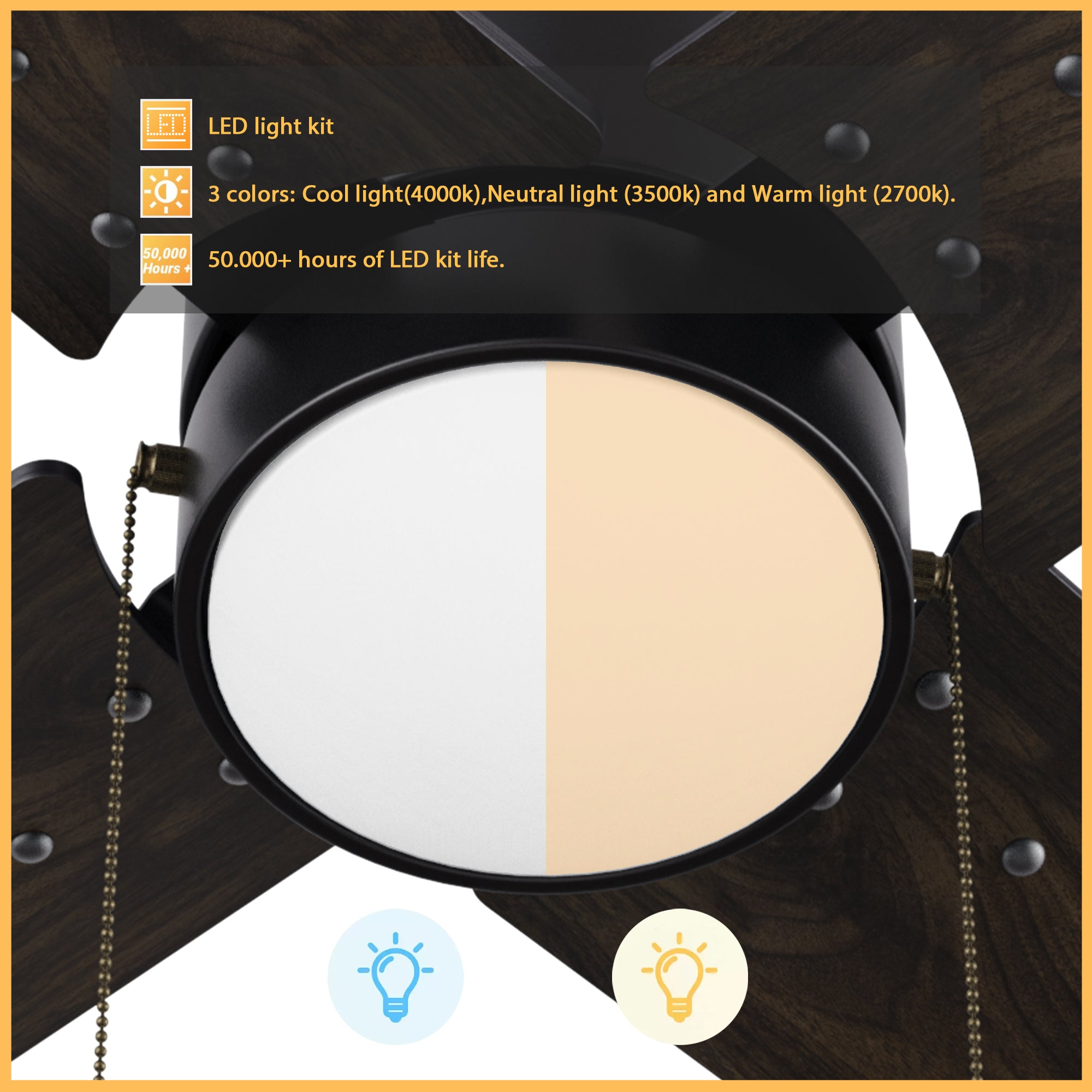 Rowan 52 inch modern ceiling fan with adjustable LED color temperature, ranging from 2700K to 4000K.
