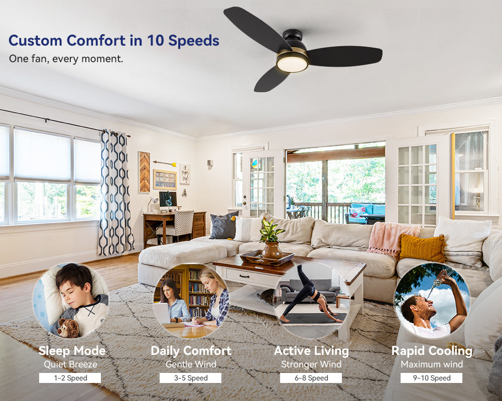 Airflow modes graphic for a Smafan smart DC motor ceiling fan, highlighting 10-speed settings like sleep mode and rapid cooling.