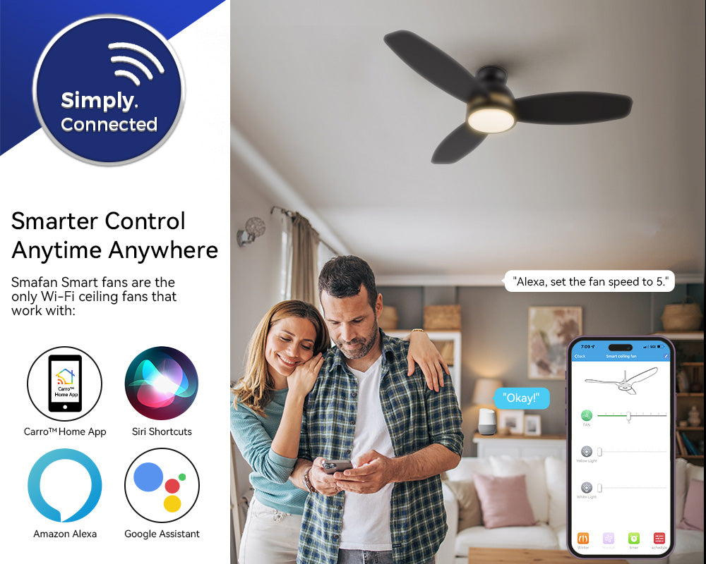 Couple using smartphone app to control the Smafan smart flush mount ceiling fan with light and voice control features.