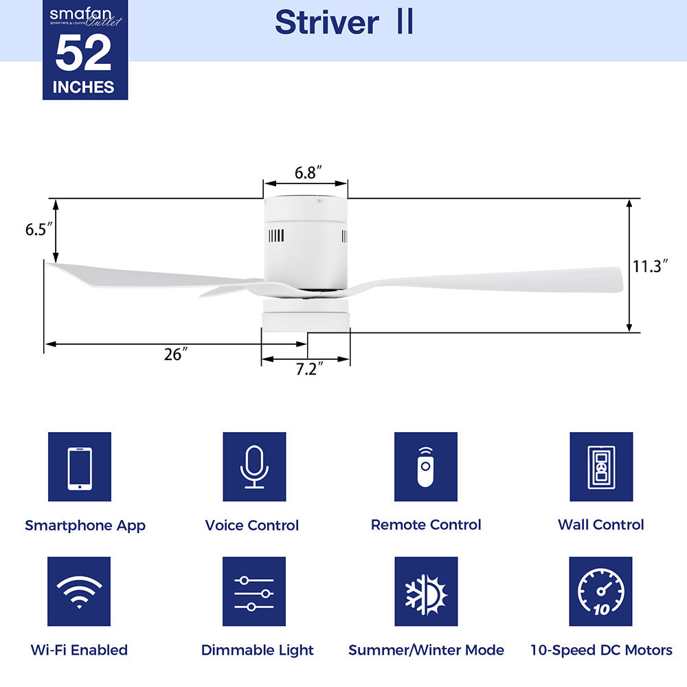 Smafan Striver II 52-inch low-profile outdoor smart ceiling fan with light and remote control, featuring Wi-Fi connectivity, smartphone/voice/wall controls, dimmable lighting, and 10-speed DC motor with summer/winter mode - technical diagram showing measurements.
