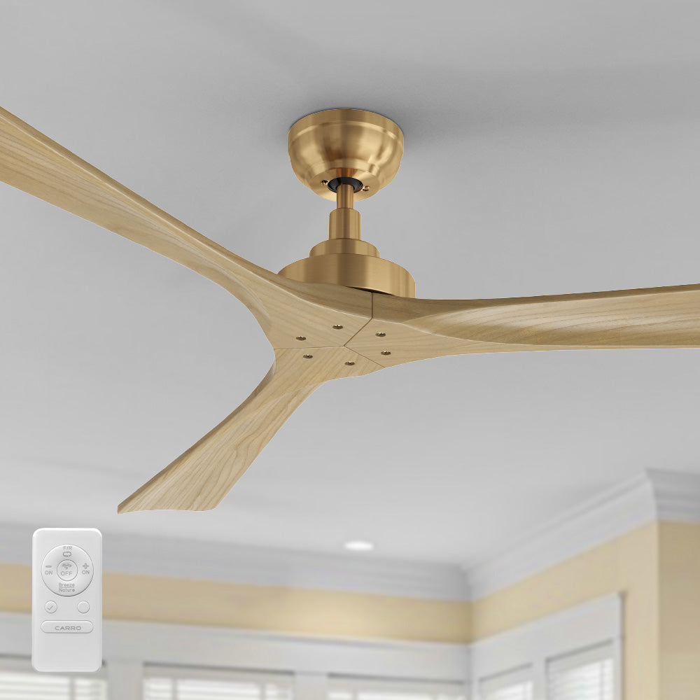 Smafan Thora 60 inch wood ceiling fan with remote in a gold finish, featuring three light wood blades and a brass-colored base, mounted on a white ceiling with the white remote control shown in the corner.