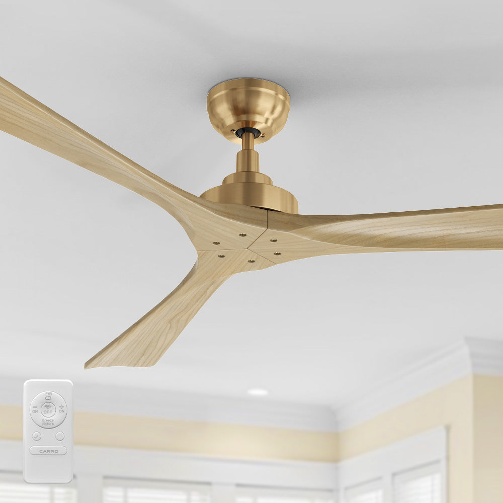 Smafan Thora 60 inch wood ceiling fan with remote in a gold finish, featuring three light wood blades and a brass-colored base, mounted on a white ceiling with the white remote control shown in the corner.