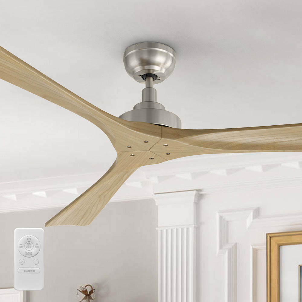 Smafan Thora 60 inch farmhouse ceiling fan with three natural wood finish blades and brushed nickel motor housing, shown from below and side angle. A white remote control is placed in the lower-left foreground.