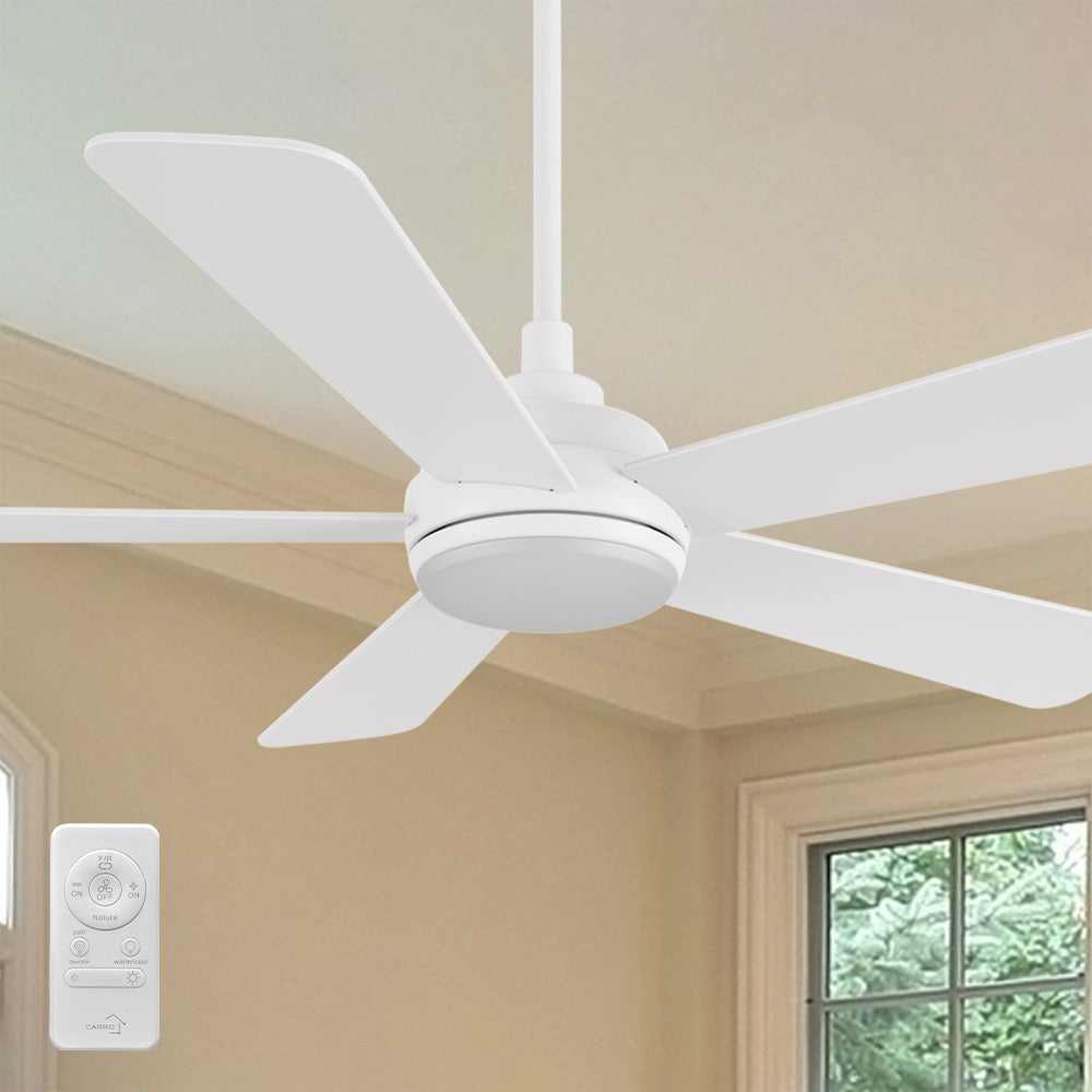 Smafan Toplam 52 inch modern ceiling fan with light and remote features a matte white body, four wood finish reversible blades, and an integrated round LED light with frosted diffuser. A white remote control for speed and lighting is included. The ceiling fan is mounted indoors on a white ceiling in a bright kitchen or living room.