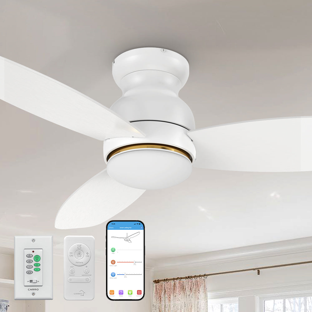 White 48-inch low-profile smart outdoor ceiling fan with integrated LED light, remote, wall switch, smartphone app control, and modern minimalistic design.