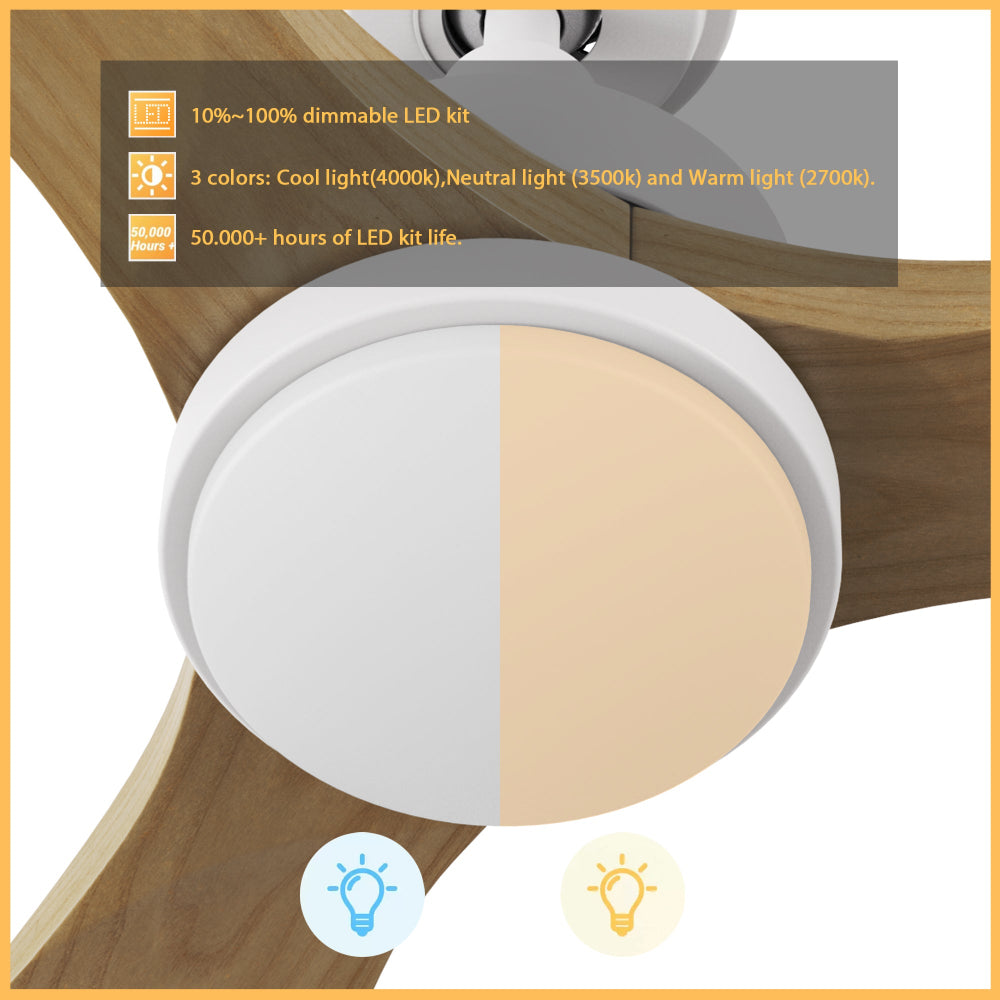 Close-up of wood 3-blade ceiling fan in white with dimmable LED light, showing adjustable color temperature options between warm and cool light.