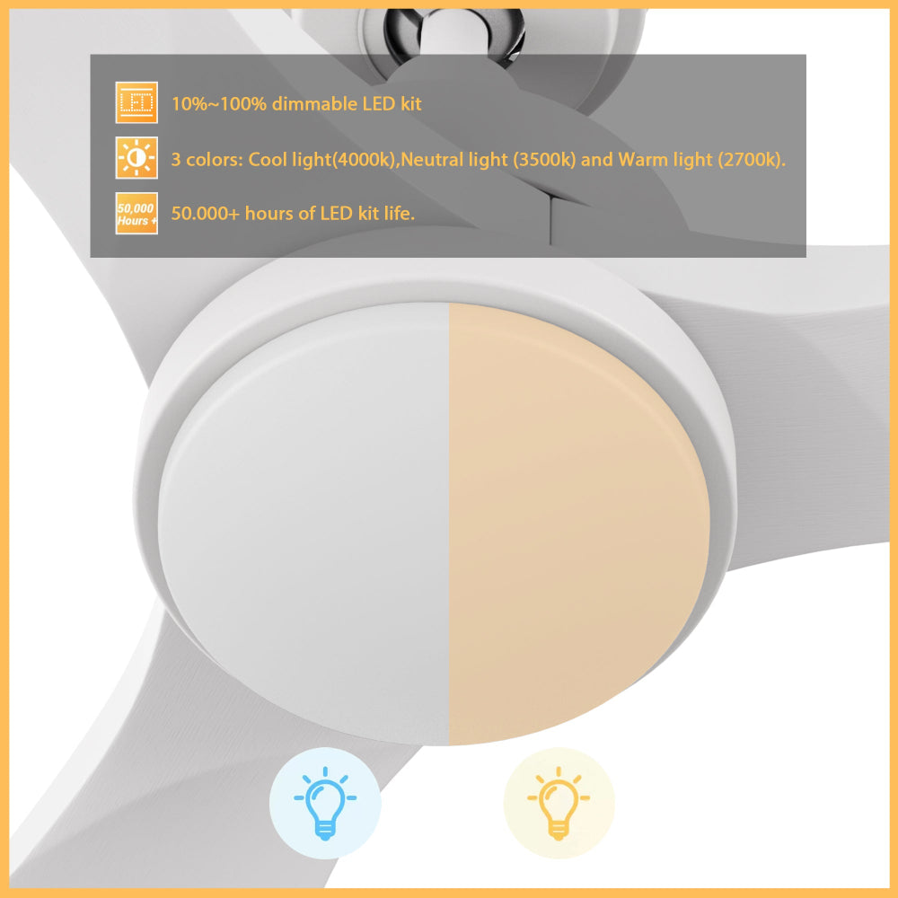 Close-up of white ceiling fan with dimmable LED light, demonstrating switchable warm and cool lighting modes.