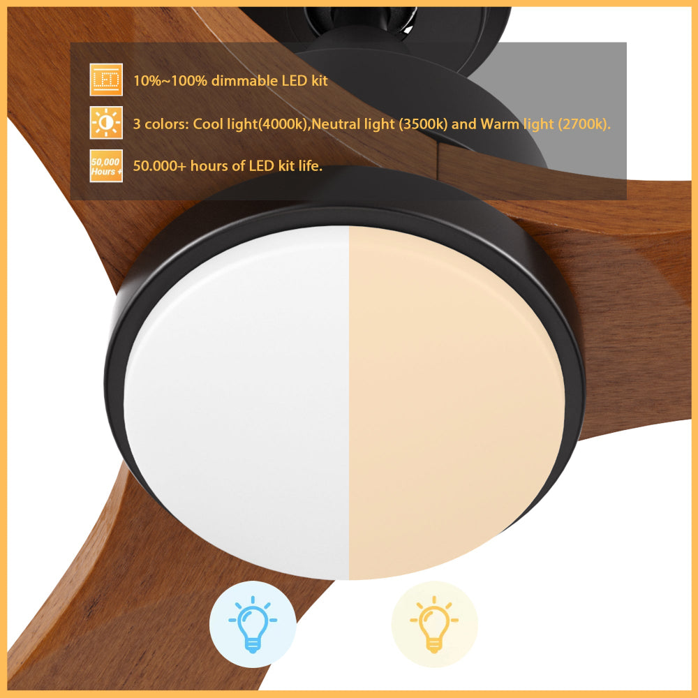 Close-up of wood 3-blade ceiling fan in black with dimmable LED light, showing adjustable color temperature options between warm and cool light.