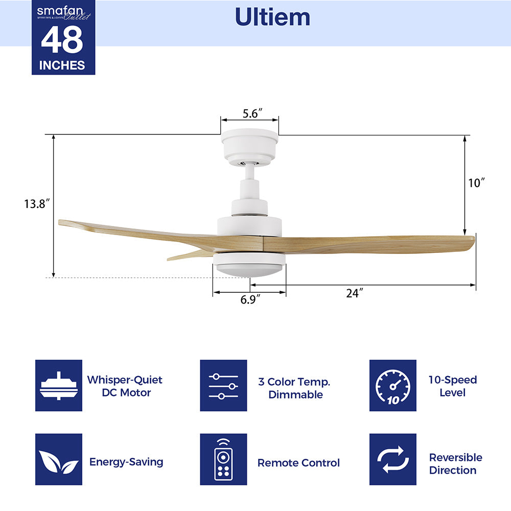 Feature sheet for Ultiem 48-inch light-wood fan showing blade span dimensions, remote and wall-control icons, quiet DC motor, 10 speeds, reversible summer/winter mode, dimmable LED, and energy-saving labels.