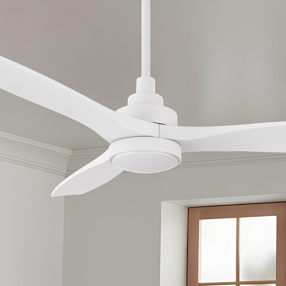 Studio shot of Ultiem 48-inch white three-blade ceiling fan with a slim round LED light and short downrod, presented on a clean background with included remote control.