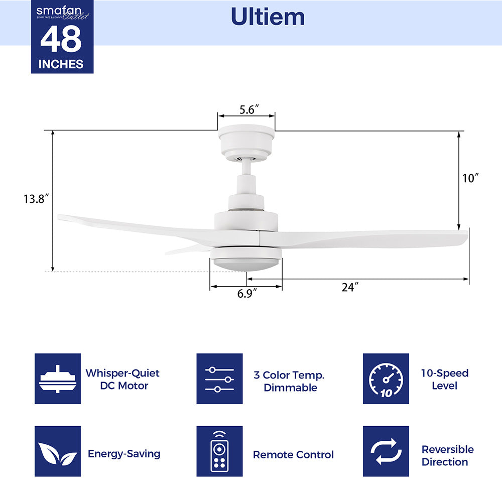 Ultiem 48-inch white fan specification graphic showing blade span, LED light details, remote and wall control compatibility, quiet DC motor, 10-speed control, and reversible operation.