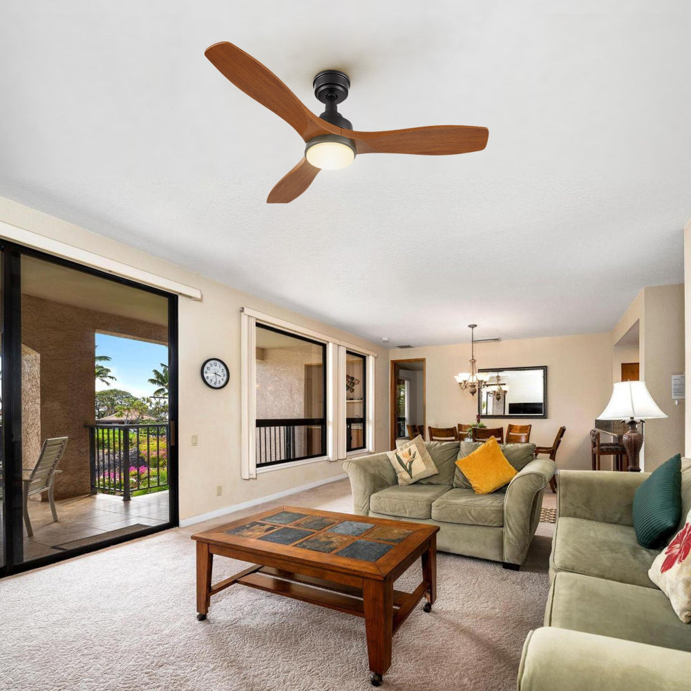 Traditional living room with beige sofas and glass coffee table, decorated with a 48-inch wood ceiling fan in black with LED light and remote control.