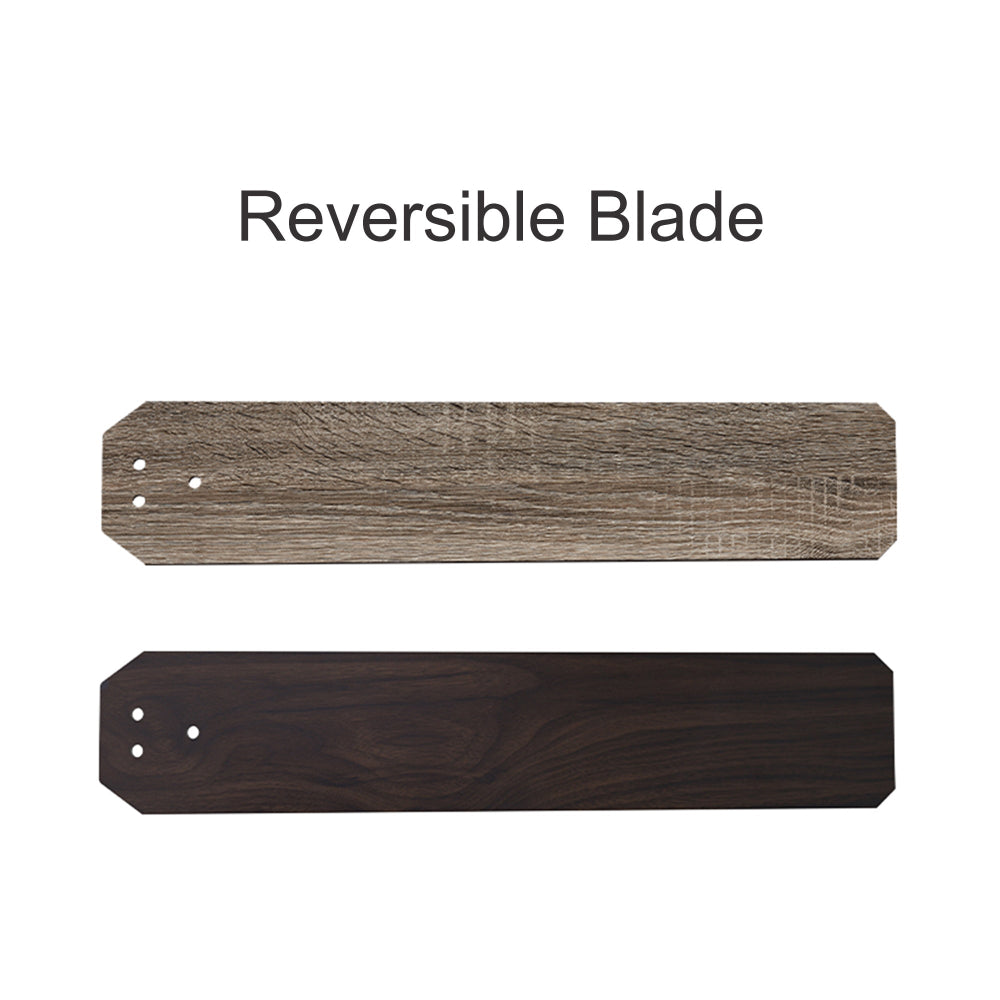 Two views of a reversible ceiling fan blade stacked vertically; the top view shows a light grey/brown wood grain finish, and the bottom view shows a dark brown wood grain finish. The text "Reversible Blade" is shown above the blades.