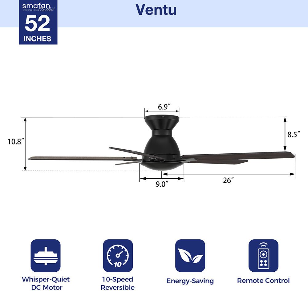 A black Smafan Ventu 52 inches ceiling fan is shown with dimensions labeled for its drop (10.8"), body width (6.9" and 9.0"), and blade length (26"). Four icons below highlight key features: Whisper-Quiet DC Motor, 10-Speed Reversible, Energy-Saving, and Remote Control.