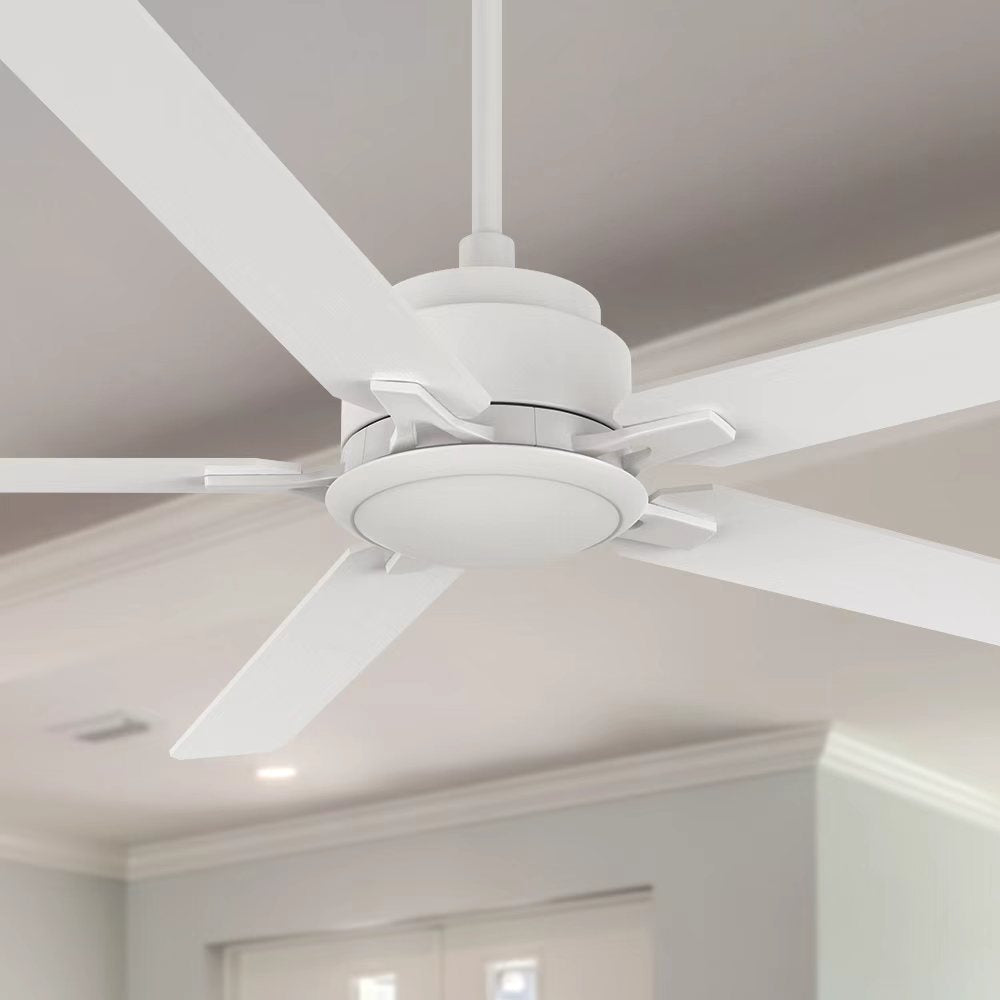 Close-up view of the Smafan Warwick 60-inch white ceiling fan without light, installed on a downrod for a vaulted ceiling. The clean, modern fan features wide white blades and a streamlined motor housing, delivering powerful, quiet airflow for high-ceiling indoor spaces.