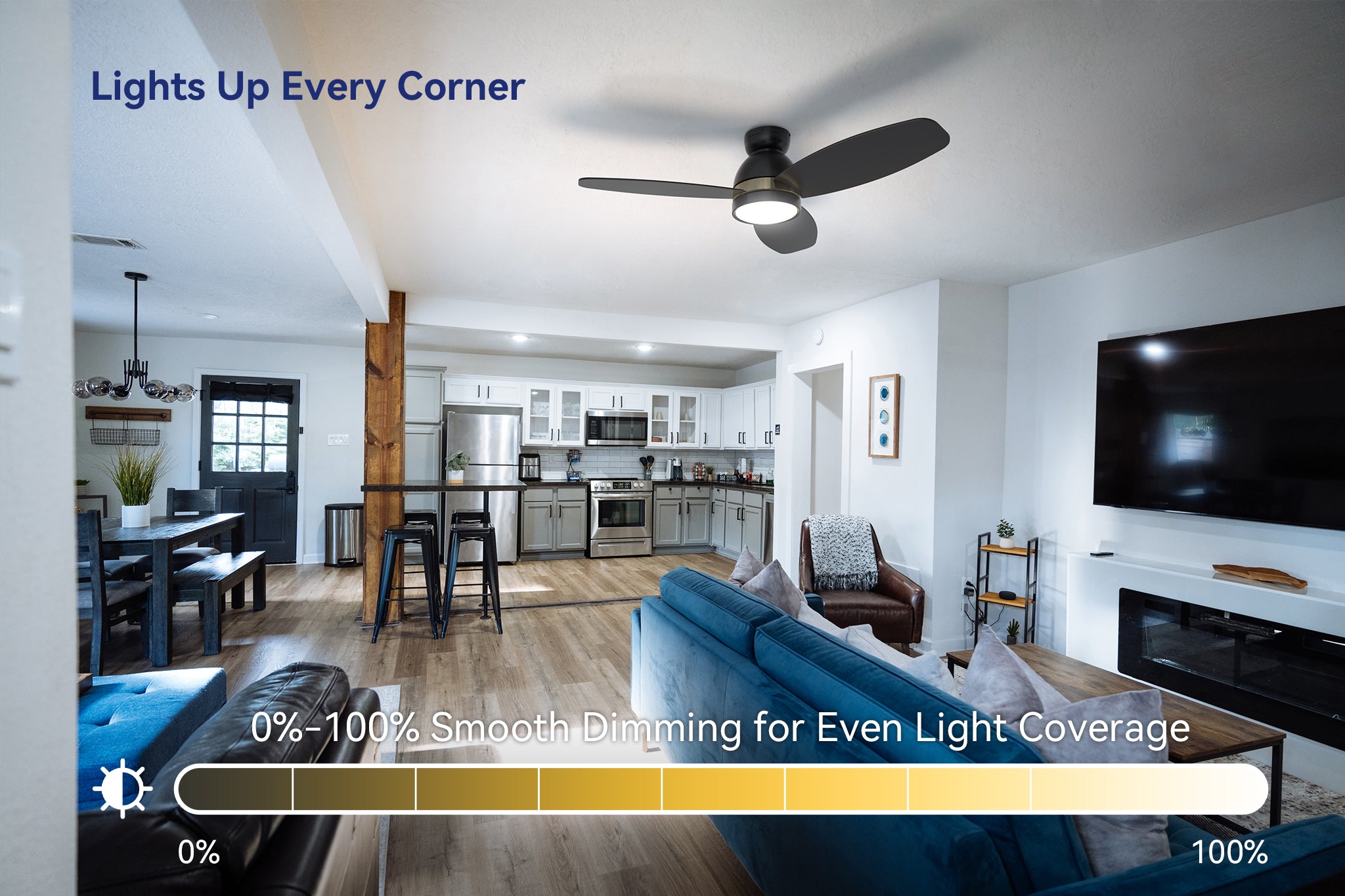 Modern open-concept room with a smart low-profile ceiling fan and LED lighting designed to brighten every corner.
