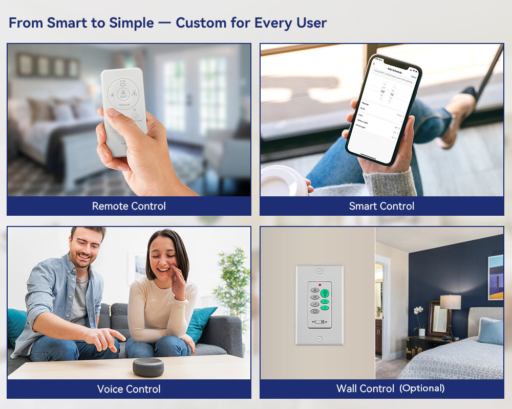 Collage showing different control options for a Smafan ceiling fan—from smart app and remote to wall control and voice activation.