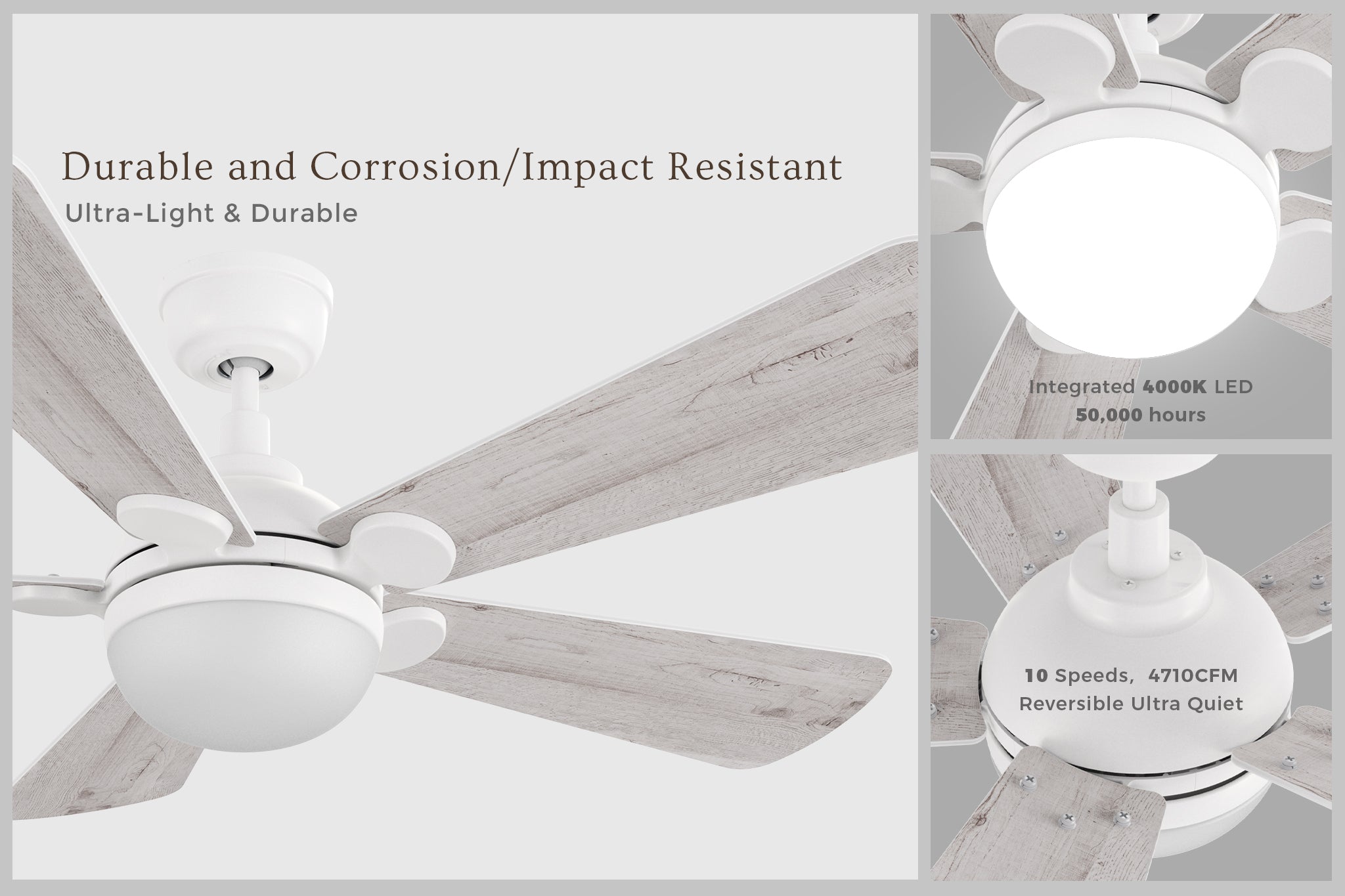 A collage showcasing the Smafan Lille 52-inch DC motor ceiling fan with LED light. The left panel highlights the fan’s weathered wood-style blades and white domed light fixture, while the top right zooms in on the integrated LED light, and the bottom right focuses on the sleek motor housing. Text on the image highlights key features: “Durable & Corrosion/Impact Resistant,” “Integrated 4000K LED,” and “10 Speeds, 4710 CFM.”