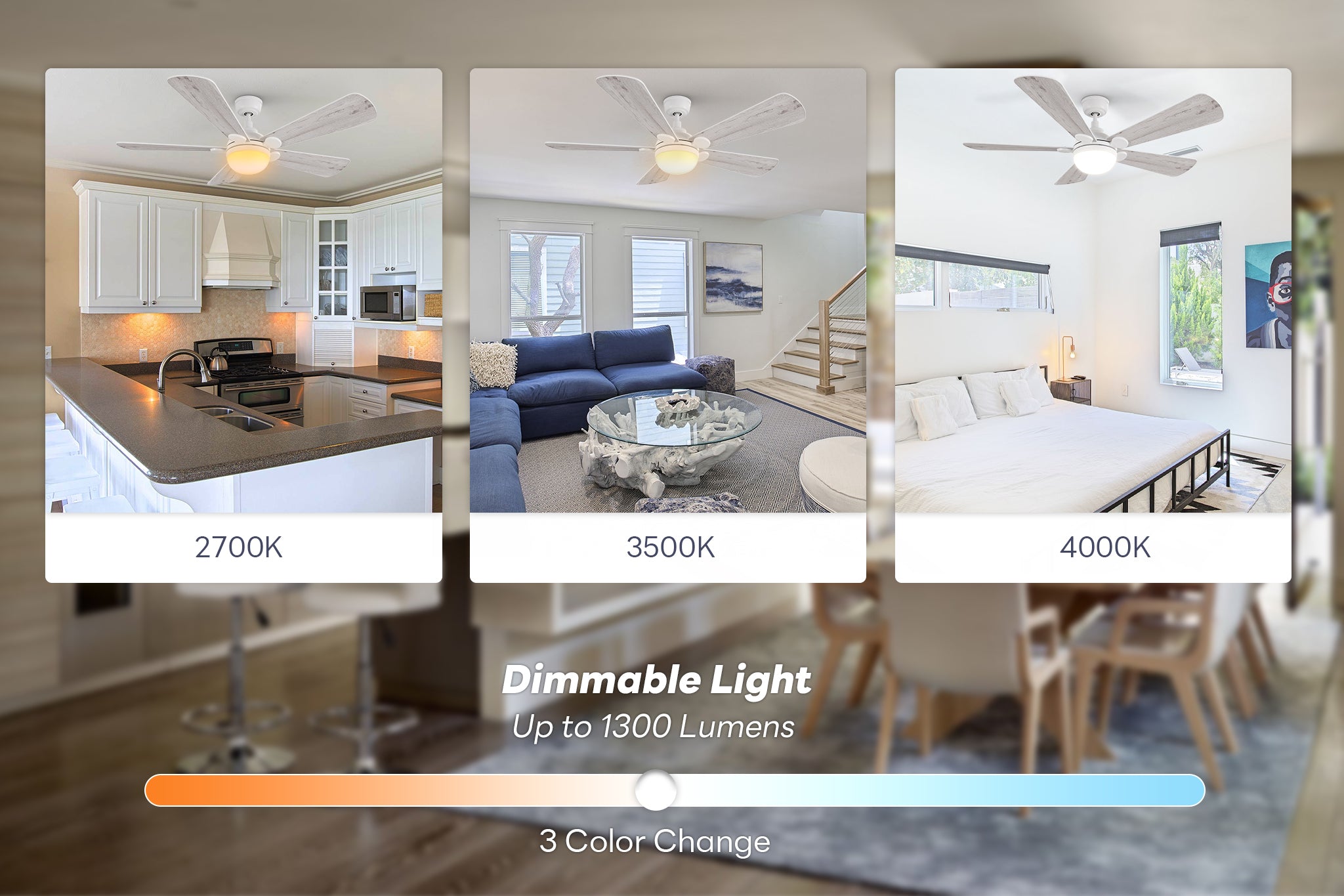 A collage of three images showcasing a single model of a white ceiling fan with light-colored wood-style blades in different room settings. The left panel shows the fan in a kitchen with "2700K" written below it. The center panel shows the fan in a living room with "3500K" written below it. The right panel shows the fan in a bedroom with "4000K" written below it. Below the three images, text reads "Dimmable Light Up to 1300 Lumens" and "3 Color Change," with a color temperature gradient bar beneath it.