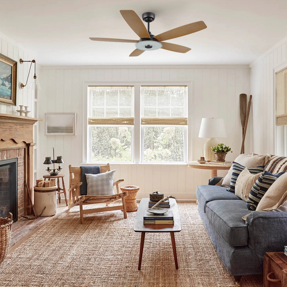 Striker 52 inch black smart ceiling fan with LED light and downrod mount in moder living room