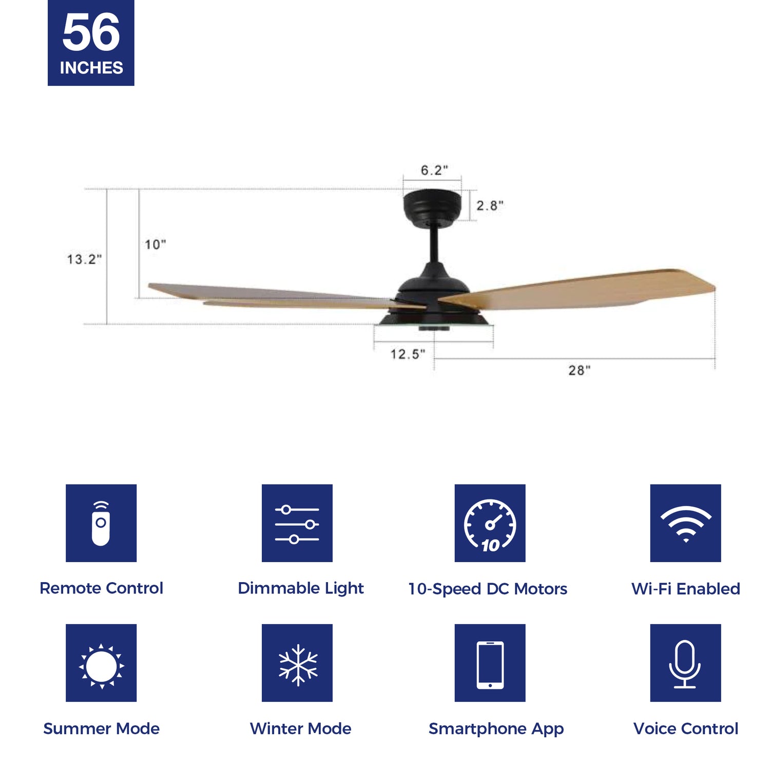 Striker Outdoor 56" Smart Ceiling Fan with LED Light Kit-Black Case and Fine Wood Grain Fan Blades. The fan features Remote control, Wi-Fi apps, and Voice control technology (compatible with Amazon Alexa and Google Home Assistant ) to set fan preferences. Equipped with 3576-lumen dimmable LED lights and a 10-speed DC Motor (5600CFM airflow output), it brings you cool and bright.