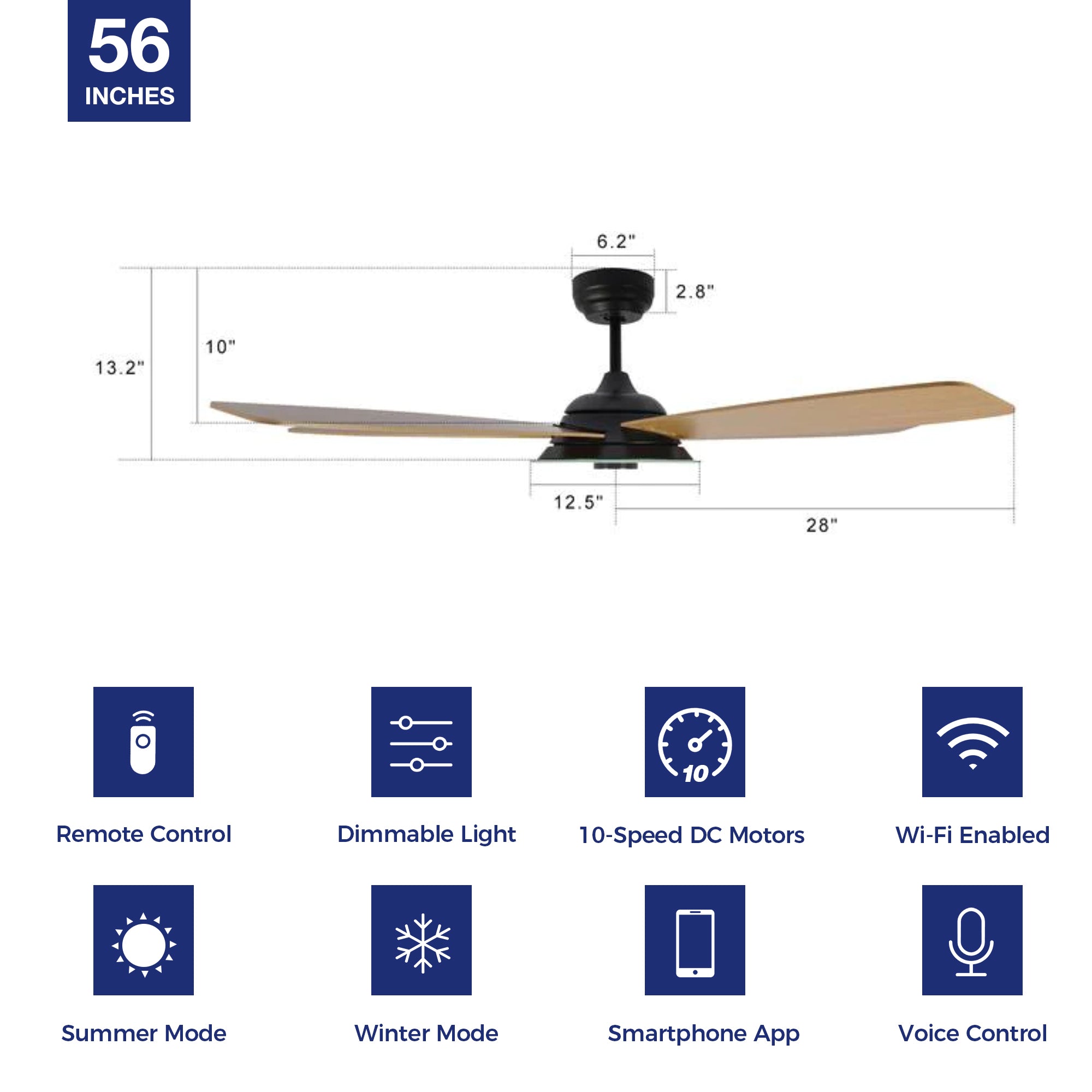 Striker Outdoor 56" Smart Ceiling Fan with LED Light Kit-Black Case and Fine Wood Grain Fan Blades. The fan features Remote control, Wi-Fi apps, and Voice control technology (compatible with Amazon Alexa and Google Home Assistant ) to set fan preferences. Equipped with 3576-lumen dimmable LED lights and a 10-speed DC Motor (5600CFM airflow output), it brings you cool and bright.