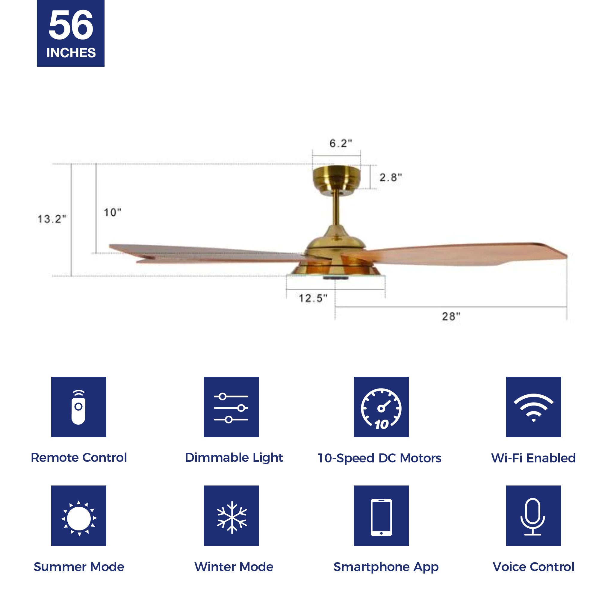Striker Outdoor 56" Smart Ceiling Fan with LED Light Kit-Gold Case and Fine Wood Fan Blades. The fan features Remote control, Wi-Fi apps, and Voice control technology (compatible with Amazon Alexa and Google Home Assistant ) to set fan preferences. Equipped with 3576-lumen dimmable LED lights and a 10-speed DC Motor (5600CFM airflow output), it brings you cool and bright.
