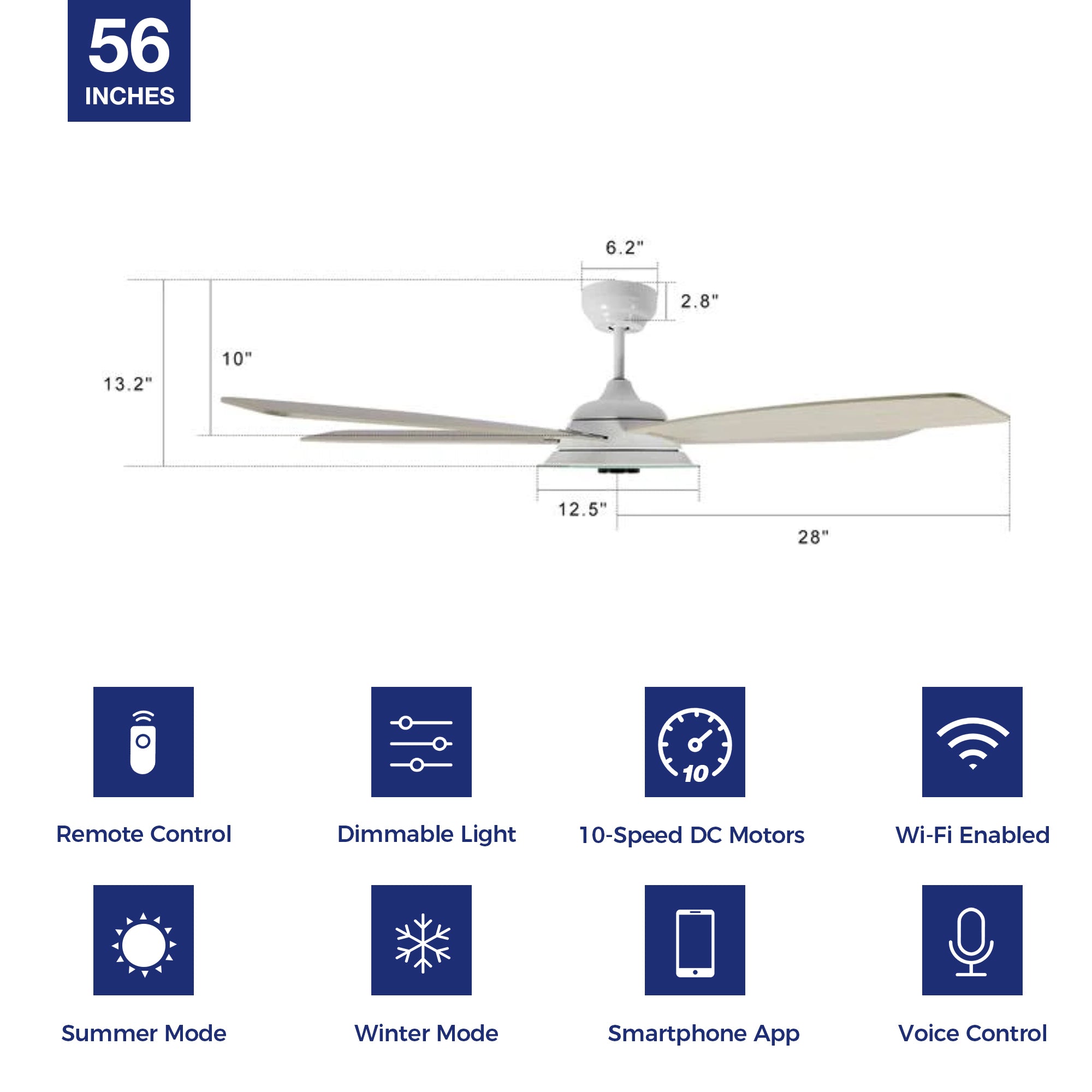 Striker Outdoor 56" Smart Ceiling Fan with LED Light Kit-White Case and light-color Wood Fan Blades. The fan features Remote control, Wi-Fi apps, and Voice control technology (compatible with Amazon Alexa and Google Home Assistant ) to set fan preferences. Equipped with 3576-lumen dimmable LED lights and a 10-speed DC Motor (5600CFM airflow output), it brings you cool and bright.