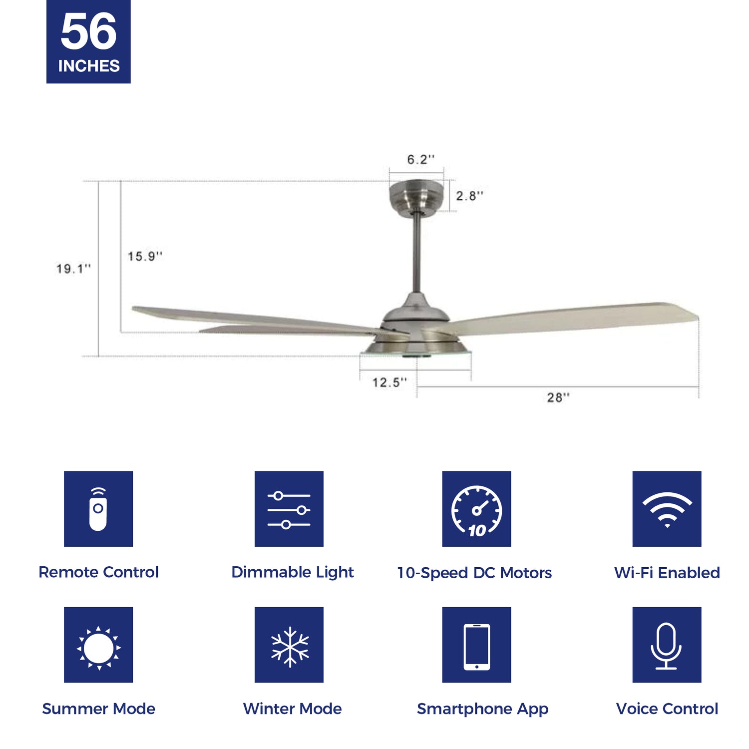 Striker Outdoor 56" Smart Ceiling Fan with LED Light Kit-Silver Case and light-color Wood Grain Fan Blades. The fan features Remote control, Wi-Fi apps, and Voice control technology (compatible with Amazon Alexa and Google Home Assistant ) to set fan preferences. Equipped with 3576-lumen dimmable LED lights and a 10-speed DC Motor (5600CFM airflow output), it brings you cool and bright.