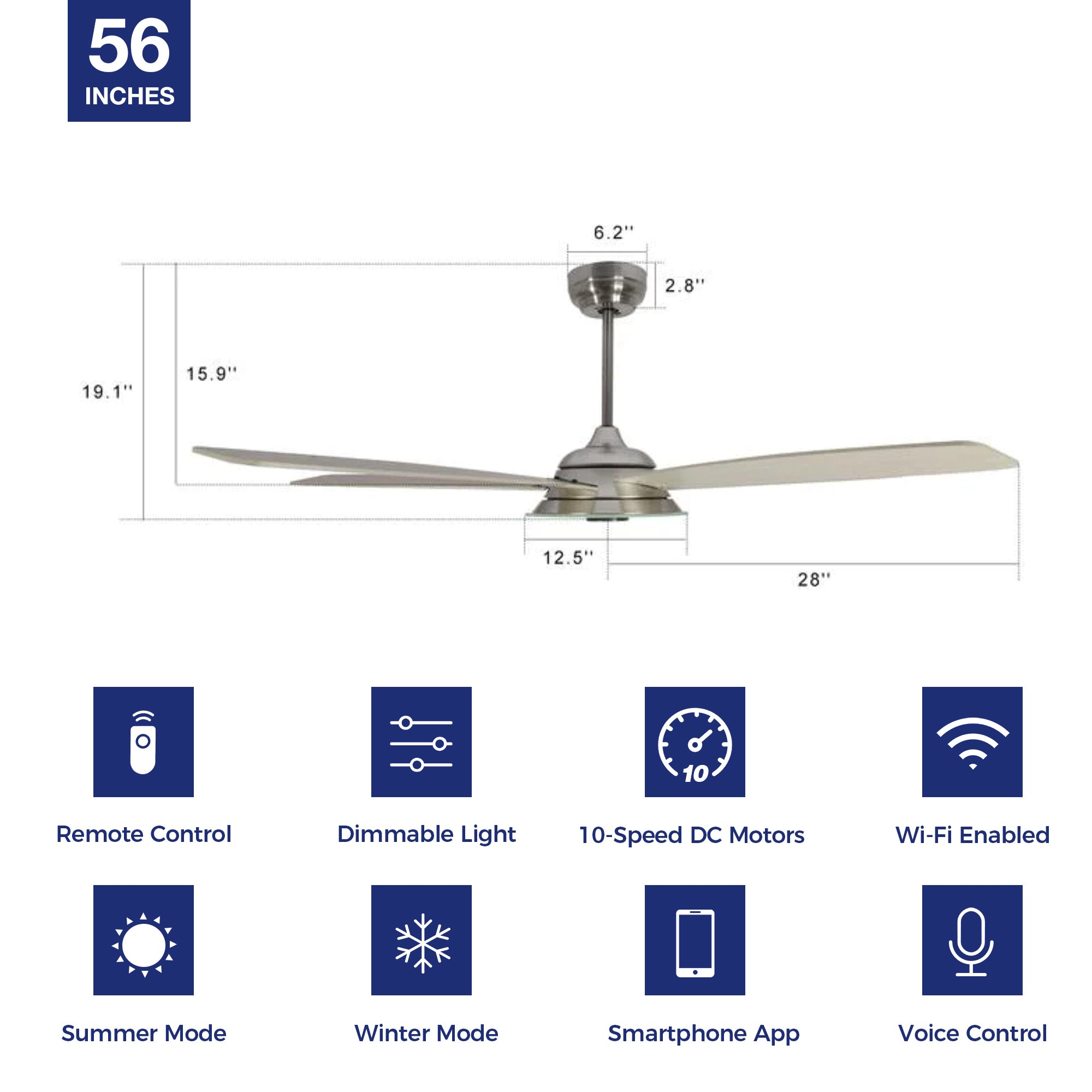 Striker Outdoor 56" Smart Ceiling Fan with LED Light Kit-Silver Case and light-color Wood Grain Fan Blades. The fan features Remote control, Wi-Fi apps, and Voice control technology (compatible with Amazon Alexa and Google Home Assistant ) to set fan preferences. Equipped with 3576-lumen dimmable LED lights and a 10-speed DC Motor (5600CFM airflow output), it brings you cool and bright.