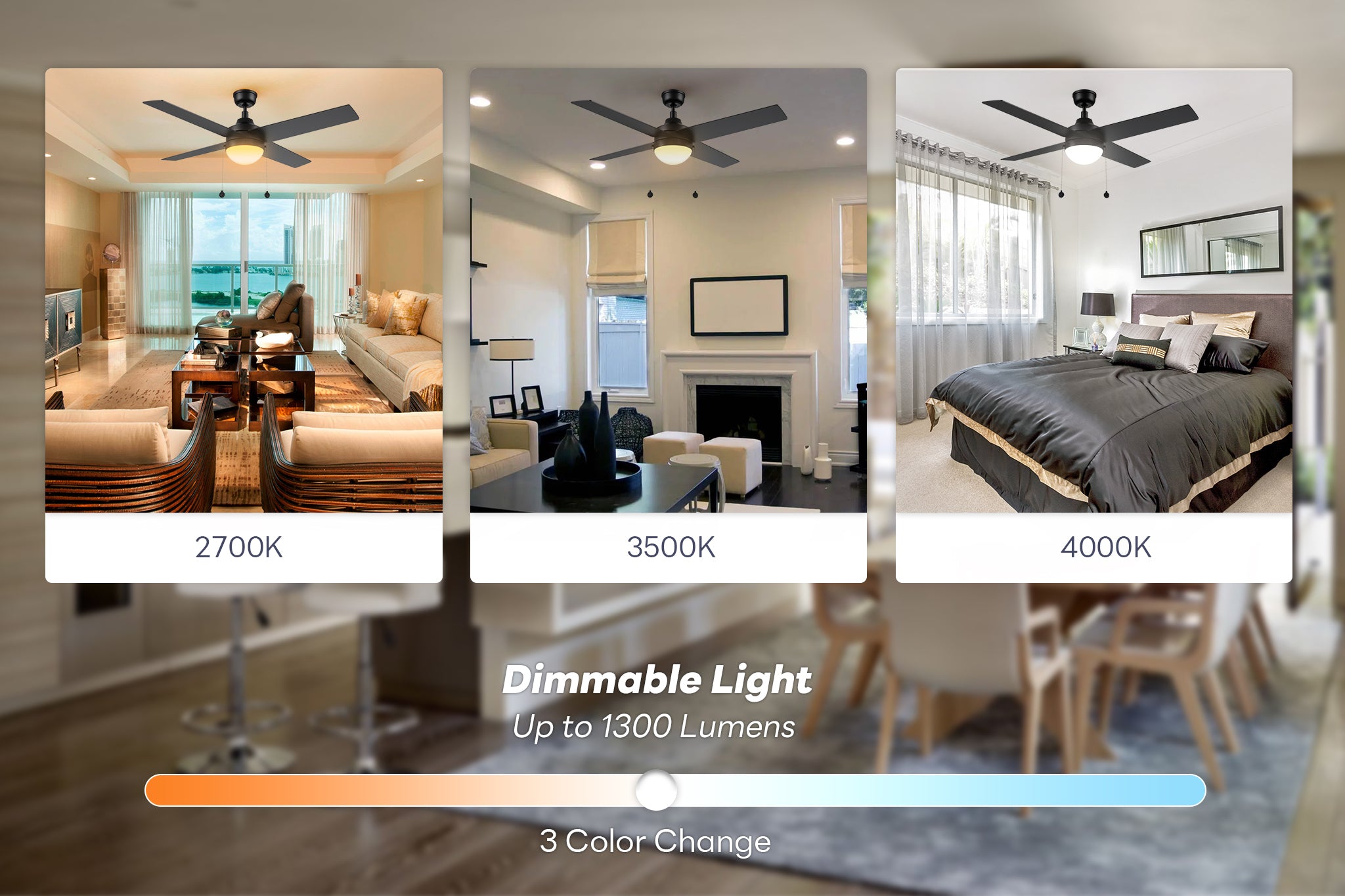 Up to 1300 lumens, 52-inch black ceiling fan with dimmable LED light and adjustable 3 color setting from 2700K warming to 4000K cooling.