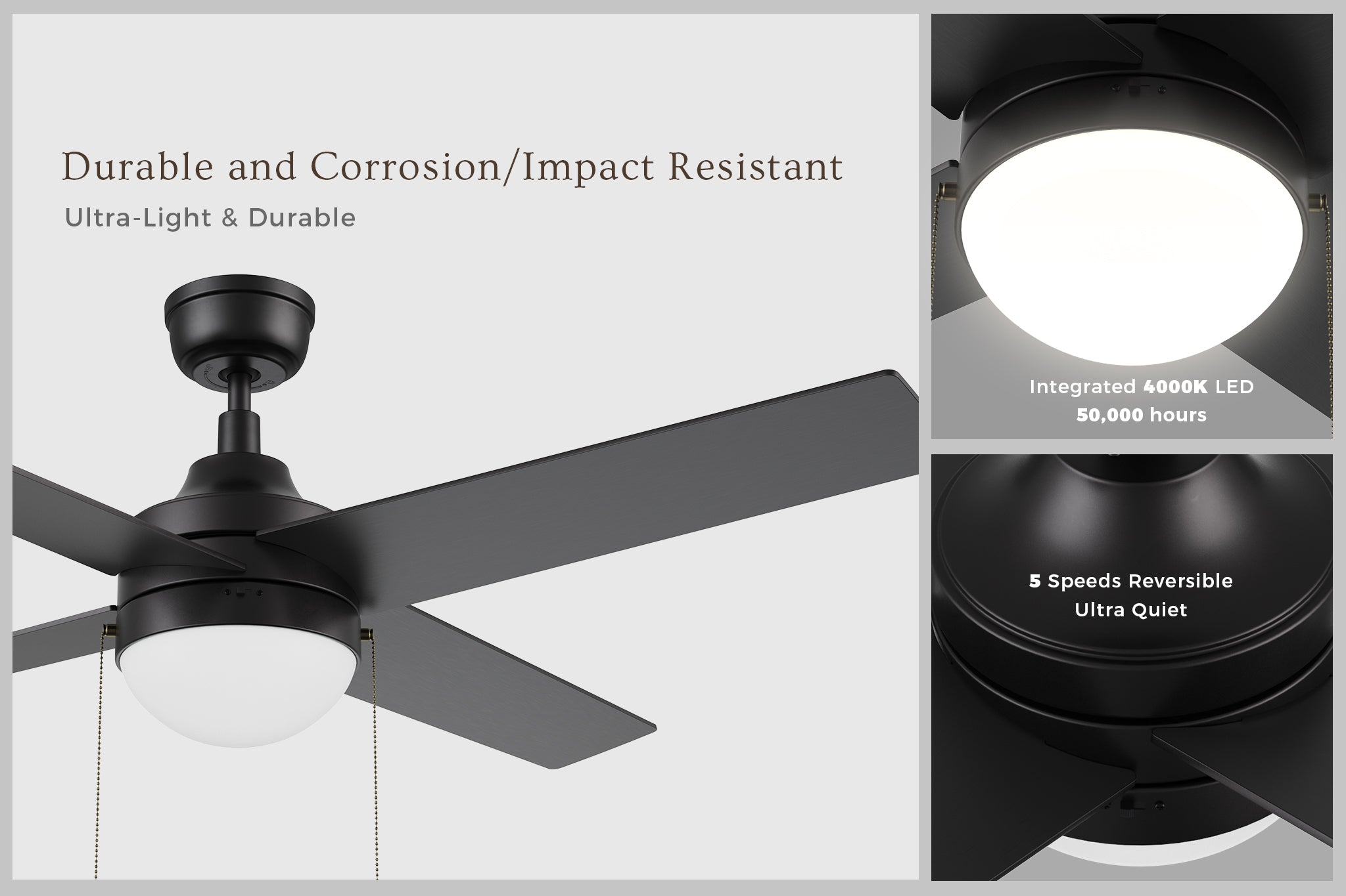 Featuring with four high-quality plywood, 52 black ceiling fan with dimmable LED light and 5-speed DC MOTOR.