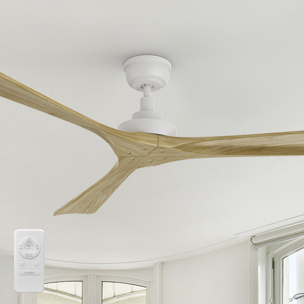 Thora 60-inch farmhouse-style ceiling fan with a white motor and solid wood blades, displayed in a minimalistic room with a 10-speed remote control. Ideal for energy-efficient and quiet operation with a DC motor.