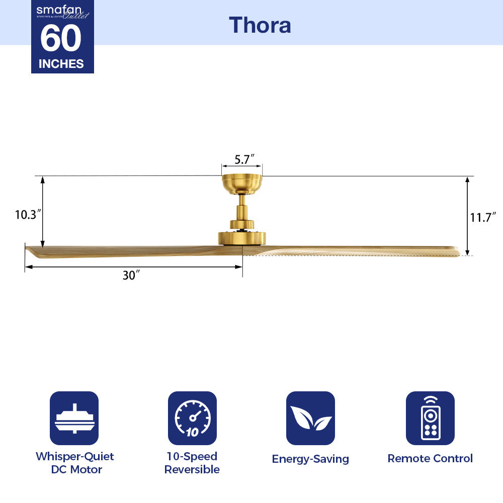 Thora 60 inch farmhouse ceiling fan with remote in gold finish, featuring three wooden-look blades. Fan measures 5.7" from ceiling to motor, 10.3" to lowest blade point, and 11.7" total height with 30" blade span. Key features highlighted with icons: whisper-quiet DC motor, 10-speed reversible, energy-saving, and remote control.
