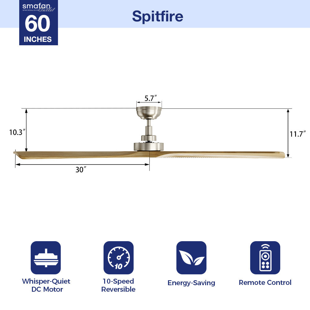 Thora 60 inch farmhouse DC motor ceiling fan with remote in brushed nickel finish, featuring wood-grain blades, dimensions (60" span, 30" blade length, 10.3" height to blade, 11.7" total height, 5.7" downrod), and icons highlighting whisper-quiet DC motor, 10-speed reversible, energy-saving, and remote control.